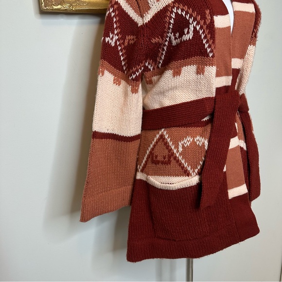 Vintage 70s Aztec Knit Belted Cardigan Sweater Size Medium - Picture 9 of 9